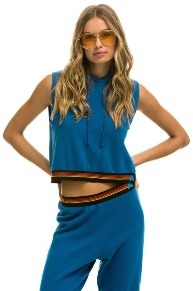Women Hoodies Aviator Nation Logo Stripe Sleeveless Crop Pullover Hoodie 8211 Caribbean