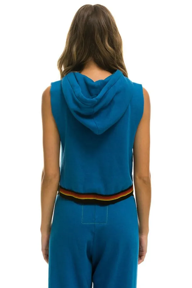 Women Hoodies Aviator Nation Logo Stripe Sleeveless Crop Pullover Hoodie 8211 Caribbean