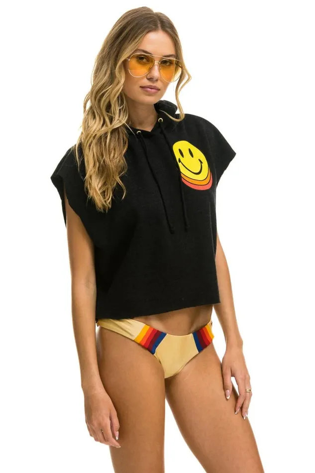 Women Hoodies Aviator Nation Smiley Sunset Sleeveless Relaxed Cropped Pullover Hoodie 8211 Black