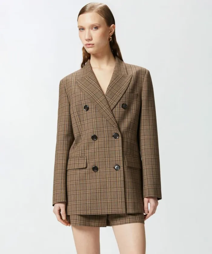 Women Jackets Pinko Doublebreasted Check Blazer Brown Camel