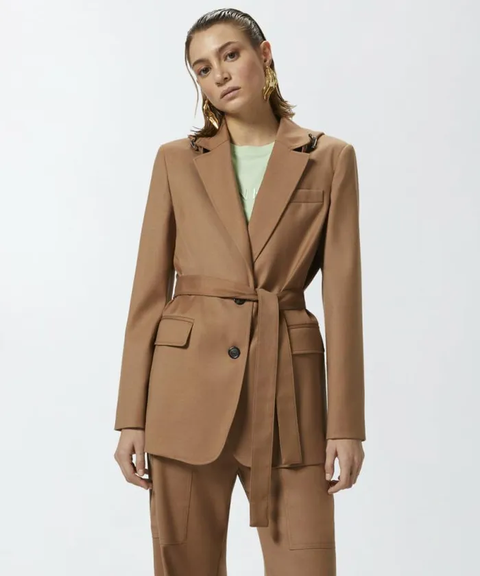 Women Jackets Pinko Singlebreasted Flannel Blazer With Hood And Belt Walnut Brown
