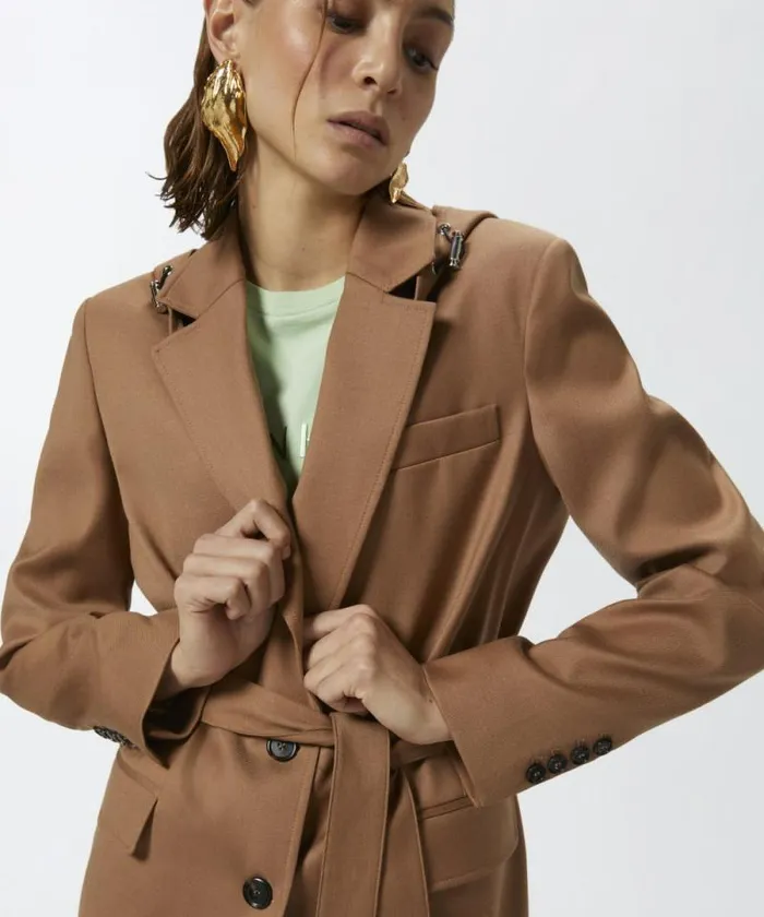 Women Jackets Pinko Singlebreasted Flannel Blazer With Hood And Belt Walnut Brown Women Jackets Pinko Singlebreasted Flannel Blazer With Hood And Belt Walnut Brown