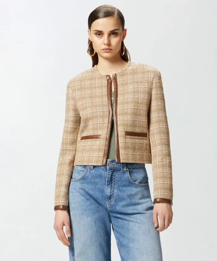 Women Jackets Pinko Small Open Jacket In Tweed And Faux Leather Beigegreysilver