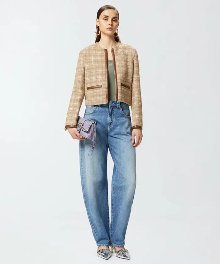 Women Jackets Pinko Small Open Jacket In Tweed And Faux Leather Beigegreysilver Women Jackets Pinko Small Open Jacket In Tweed And Faux Leather Beigegreysilver