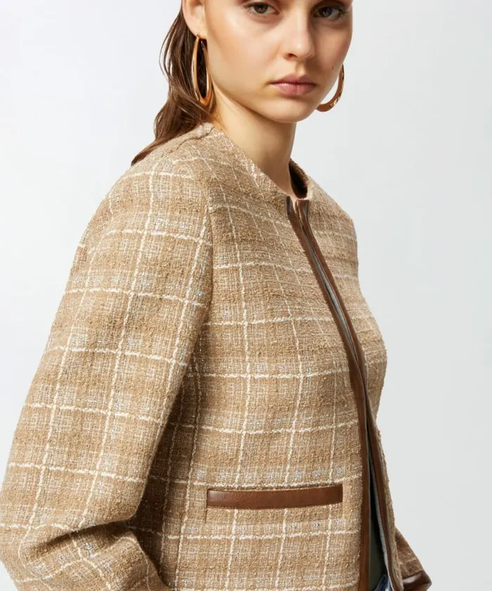 Women Jackets Pinko Small Open Jacket In Tweed And Faux Leather Beigegreysilver Women Jackets Pinko Small Open Jacket In Tweed And Faux Leather Beigegreysilver