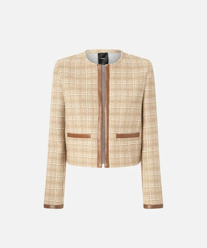 Women Jackets Pinko Small Open Jacket In Tweed And Faux Leather Beigegreysilver Women Jackets Pinko Small Open Jacket In Tweed And Faux Leather Beigegreysilver