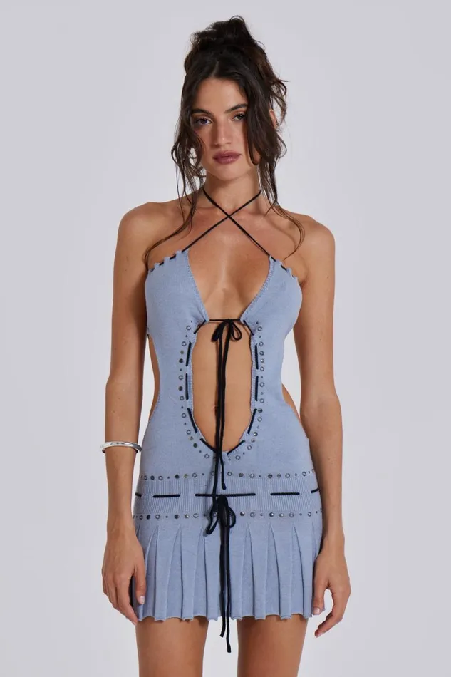 Women Knitted Studded Tie Mini Dress Jaded London Knitwear
