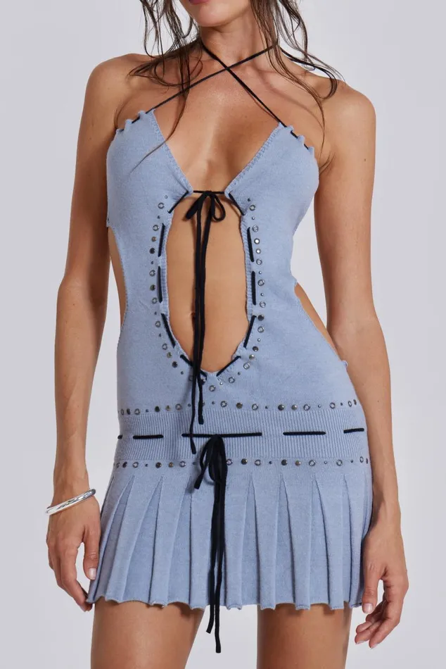 Women Knitted Studded Tie Mini Dress Jaded London Knitwear