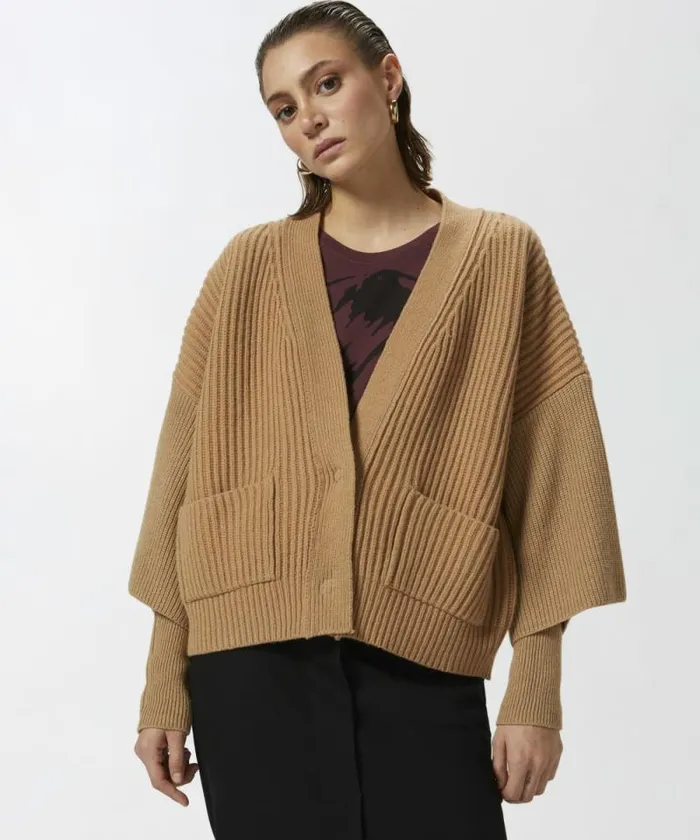 Women Knitwear Pinko Ribbed Wool And Cashmere Cardigan Tannin Beige