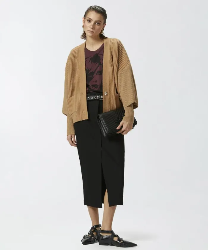 Women Knitwear Pinko Ribbed Wool And Cashmere Cardigan Tannin Beige Women Knitwear Pinko Ribbed Wool And Cashmere Cardigan Tannin Beige