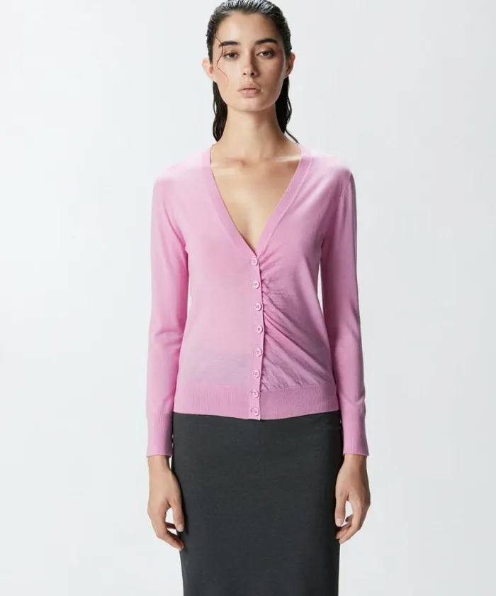 Women Knitwear Pinko Slimfit Vneck Wool Cardigan Fuchsia Pink