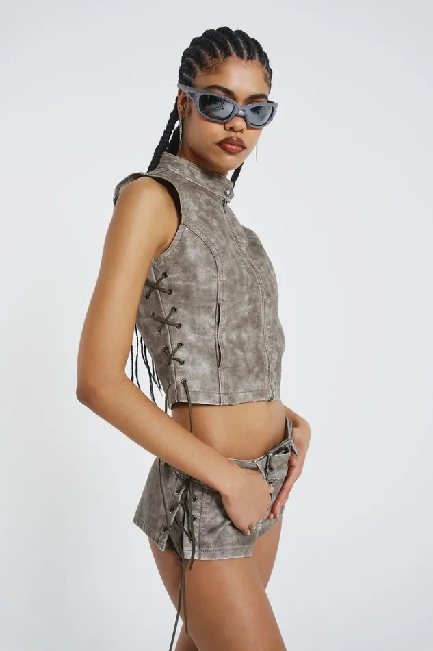 Women Lace Up Side PU Hot Pants Jaded London CoOrds