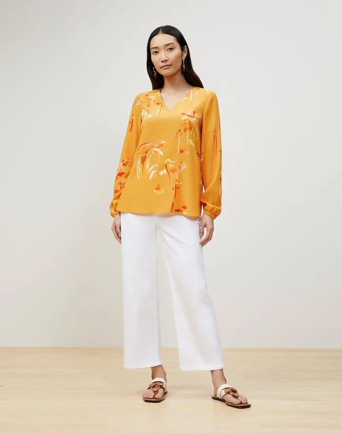 Women Lafayette 148 New York Blouses and Shirts Melba Blouse In Oasis Print Silk Tuscan Orange Multi