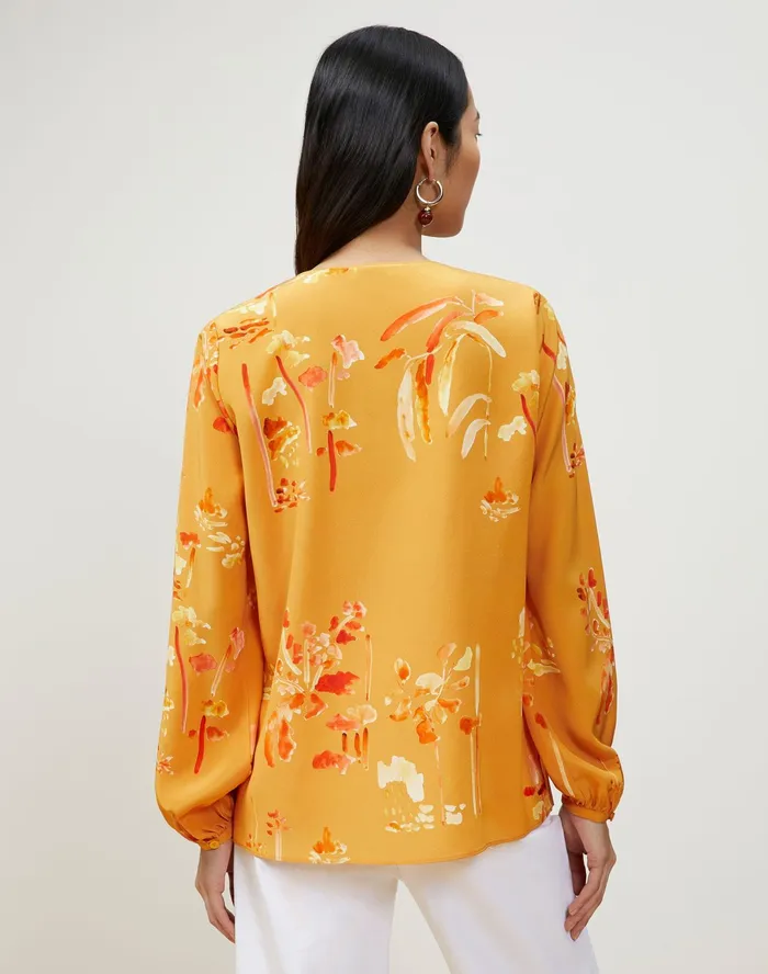 Women Lafayette 148 New York Blouses and Shirts Melba Blouse In Oasis Print Silk Tuscan Orange Multi