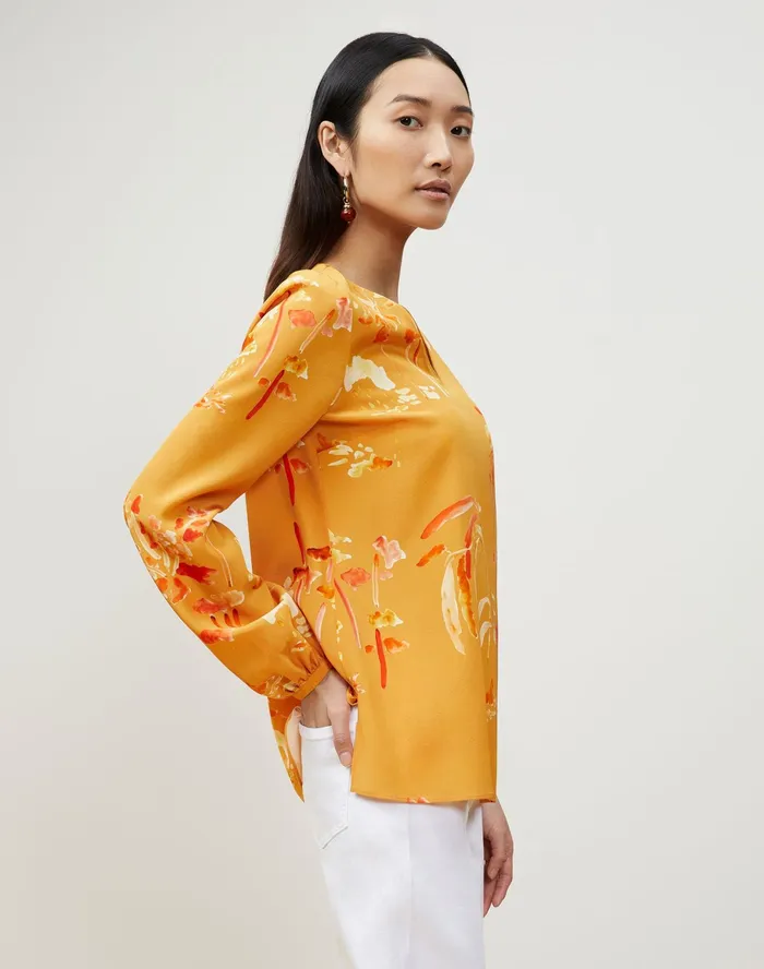 Women Lafayette 148 New York Blouses and Shirts Melba Blouse In Oasis Print Silk Tuscan Orange Multi