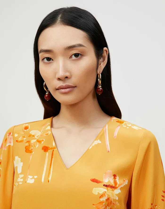 Women Lafayette 148 New York Blouses and Shirts Melba Blouse In Oasis Print Silk Tuscan Orange Multi