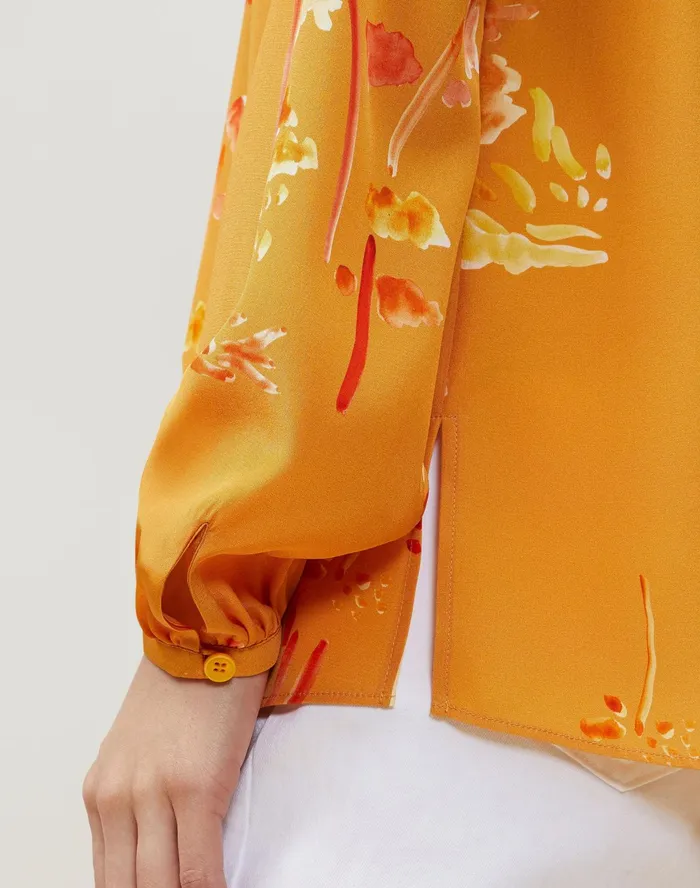 Women Lafayette 148 New York Blouses and Shirts Melba Blouse In Oasis Print Silk Tuscan Orange Multi
