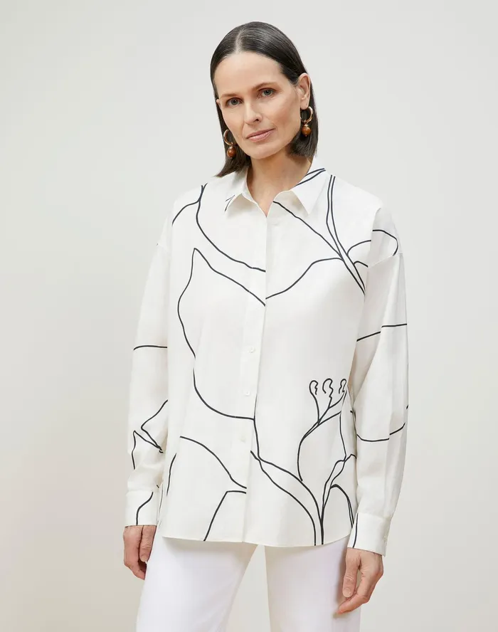 Women Lafayette 148 New York Blouses and Shirts Petite Elise Shirt In Winding Leaf Print Italian Cotton White Multi Women Lafayette 148 New York Blouses and Shirts Petite Elise Shirt In Winding Leaf Print Italian Cotton White Multi