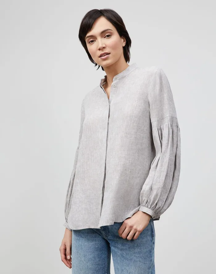 Women Lafayette 148 New York Blouses and Shirts Petite Lilo Blouse In Illustrious Linen Mink Grey Melange Women Lafayette 148 New York Blouses and Shirts Petite Lilo Blouse In Illustrious Linen Mink Grey Melange