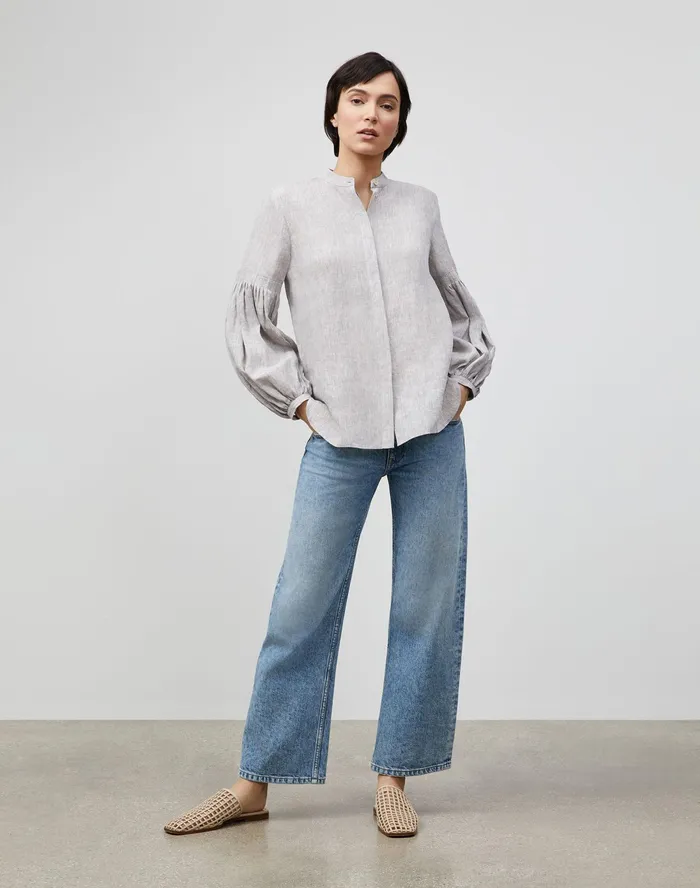 Women Lafayette 148 New York Blouses and Shirts Petite Lilo Blouse In Illustrious Linen Mink Grey Melange