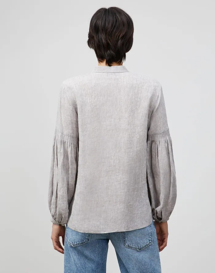 Women Lafayette 148 New York Blouses and Shirts Petite Lilo Blouse In Illustrious Linen Mink Grey Melange