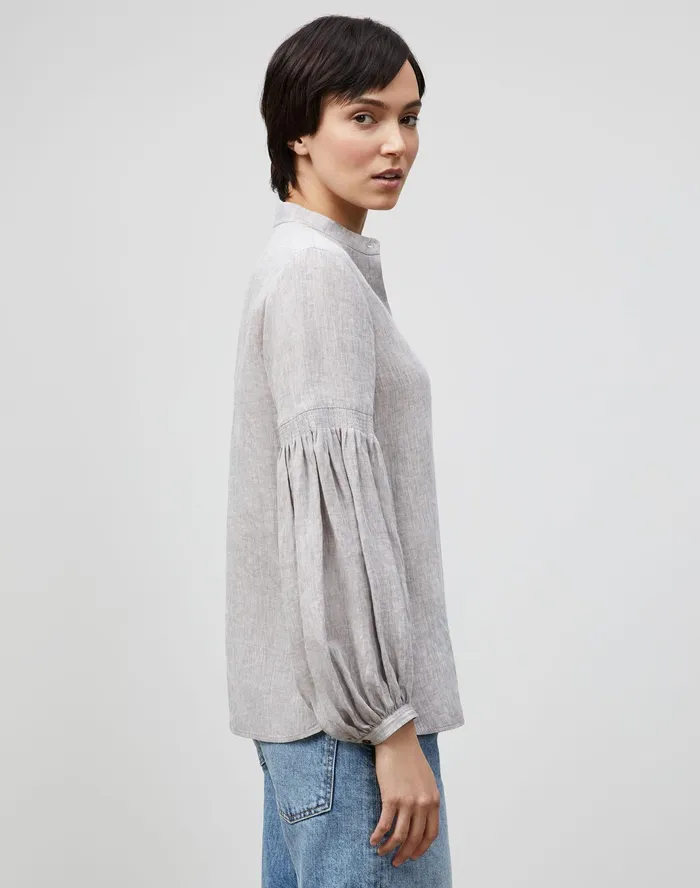 Women Lafayette 148 New York Blouses and Shirts Petite Lilo Blouse In Illustrious Linen Mink Grey Melange