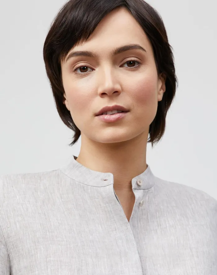 Women Lafayette 148 New York Blouses and Shirts Petite Lilo Blouse In Illustrious Linen Mink Grey Melange