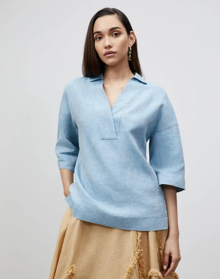 Women Lafayette 148 New York Blouses and Shirts Petite Pippen Blouse In Illustrious Linen Fresh Blue Melange Women Lafayette 148 New York Blouses and Shirts Petite Pippen Blouse In Illustrious Linen Fresh Blue Melange