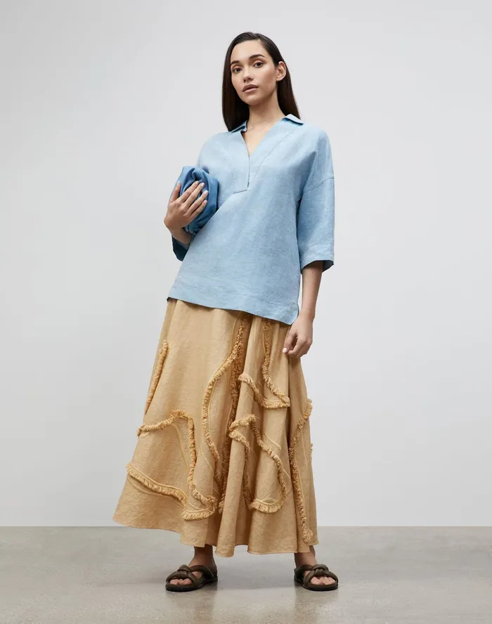 Women Lafayette 148 New York Blouses and Shirts Petite Pippen Blouse In Illustrious Linen Fresh Blue Melange