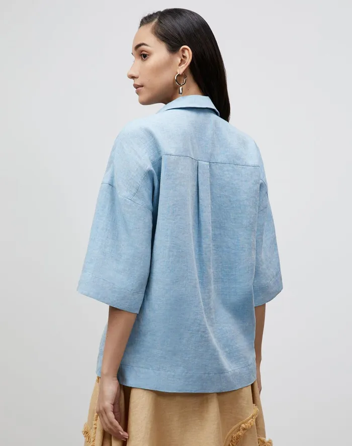Women Lafayette 148 New York Blouses and Shirts Petite Pippen Blouse In Illustrious Linen Fresh Blue Melange