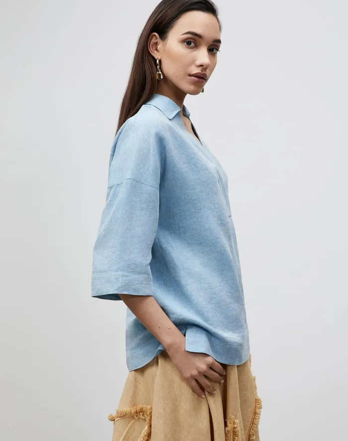 Women Lafayette 148 New York Blouses and Shirts Petite Pippen Blouse In Illustrious Linen Fresh Blue Melange