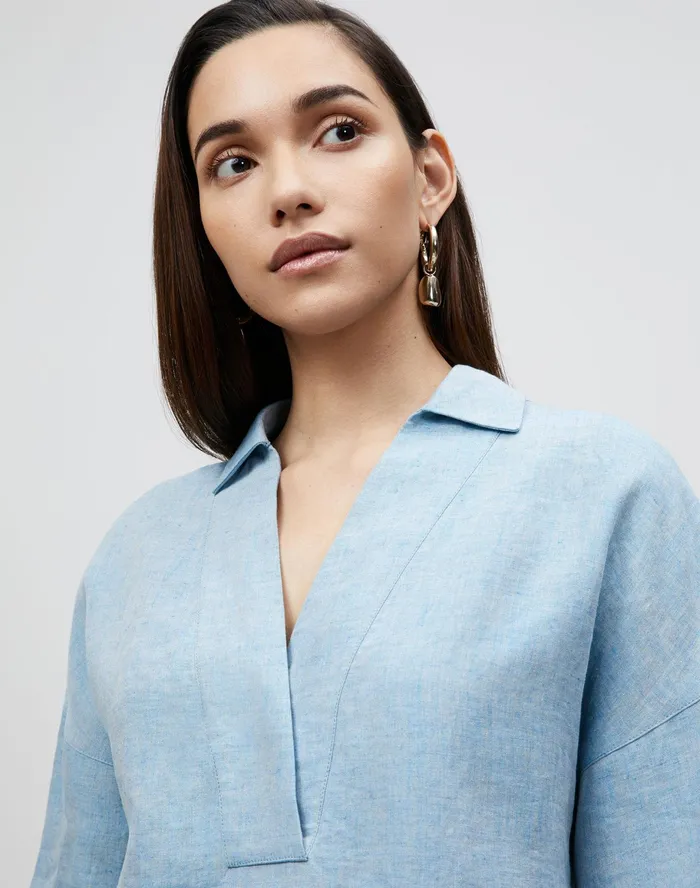 Women Lafayette 148 New York Blouses and Shirts Petite Pippen Blouse In Illustrious Linen Fresh Blue Melange