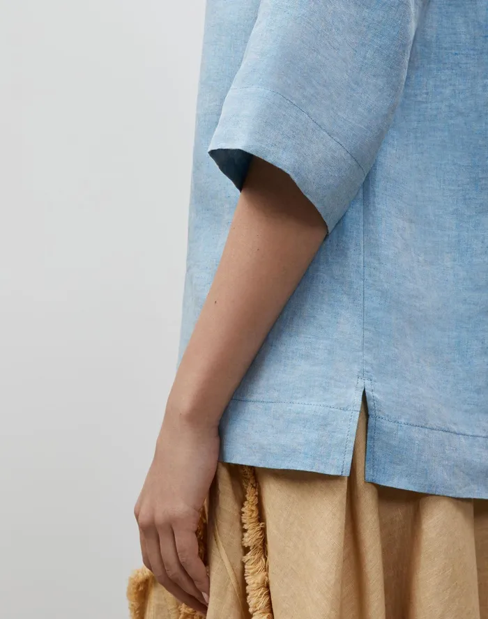 Women Lafayette 148 New York Blouses and Shirts Petite Pippen Blouse In Illustrious Linen Fresh Blue Melange