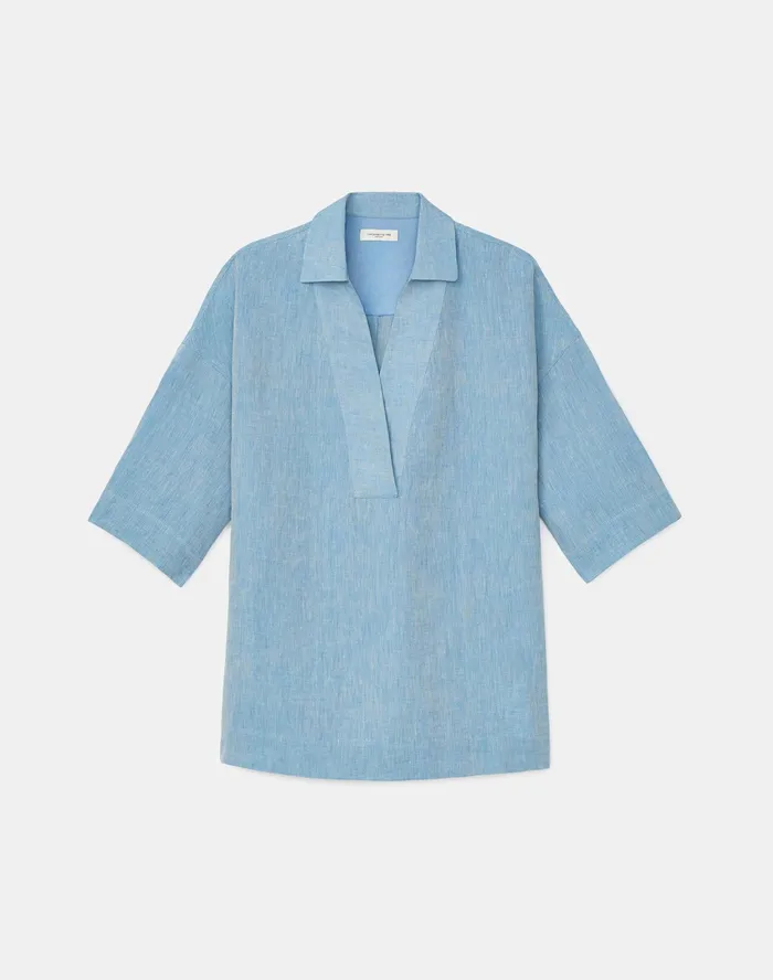 Women Lafayette 148 New York Blouses and Shirts Petite Pippen Blouse In Illustrious Linen Fresh Blue Melange
