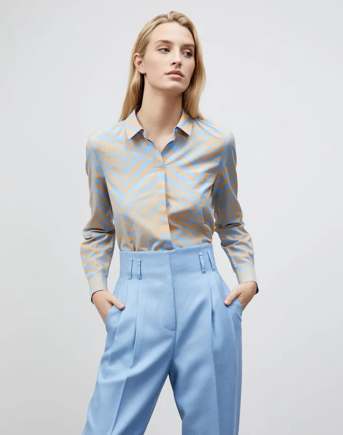 Women Lafayette 148 New York Blouses and Shirts Ruxton Shirt In Zevron Print Habotai Fresh Blue Multi