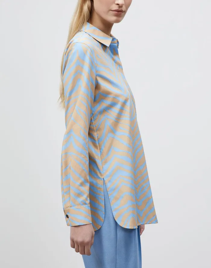 Women Lafayette 148 New York Blouses and Shirts Ruxton Shirt In Zevron Print Habotai Fresh Blue Multi