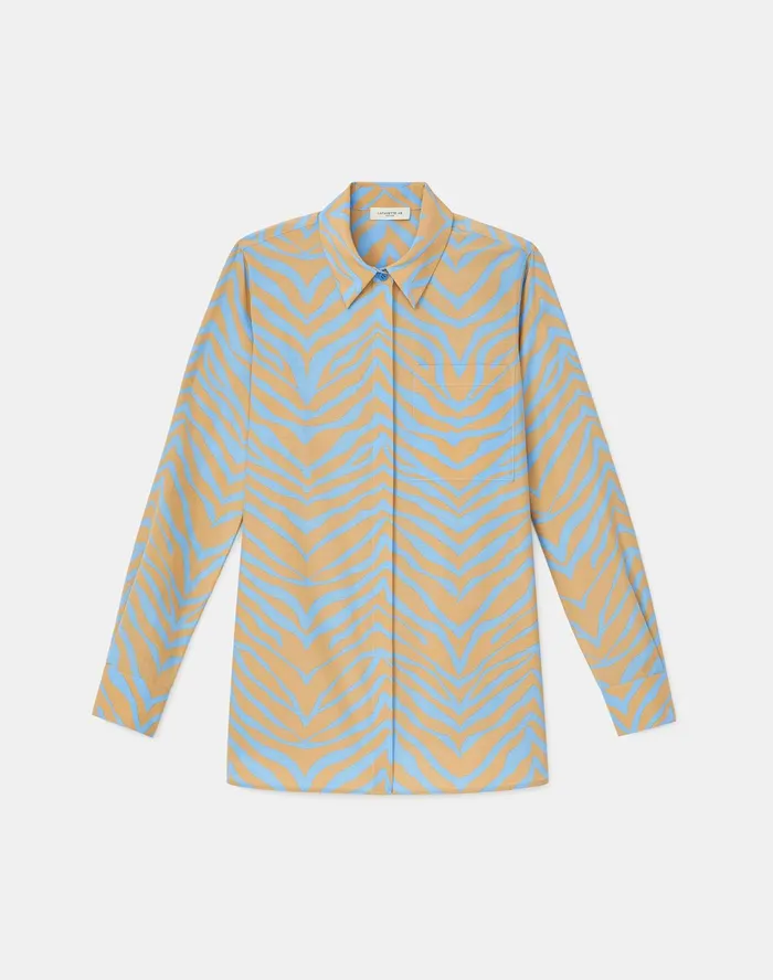 Women Lafayette 148 New York Blouses and Shirts Ruxton Shirt In Zevron Print Habotai Fresh Blue Multi
