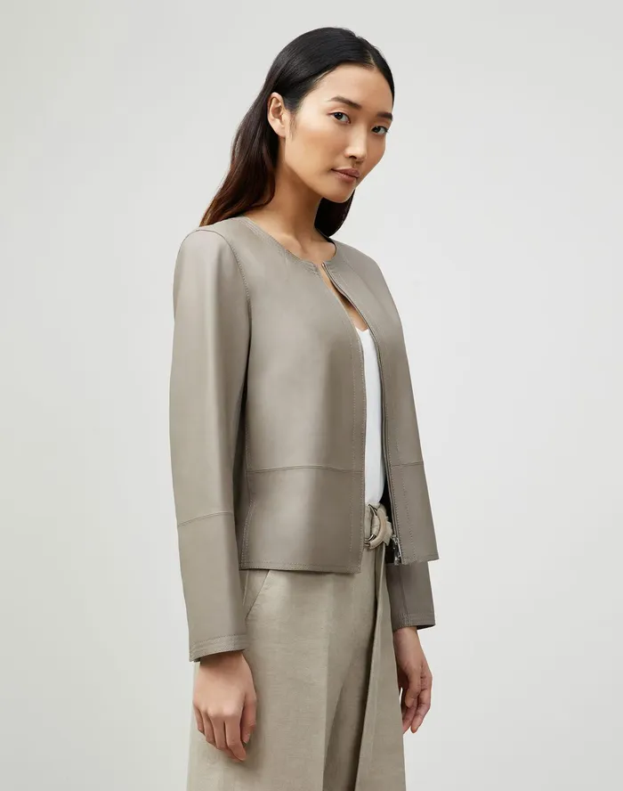 Women Lafayette 148 New York Jackets and Blazers Petite Griffith Jacket In Lightweight Plonge Lambskin Mink Grey