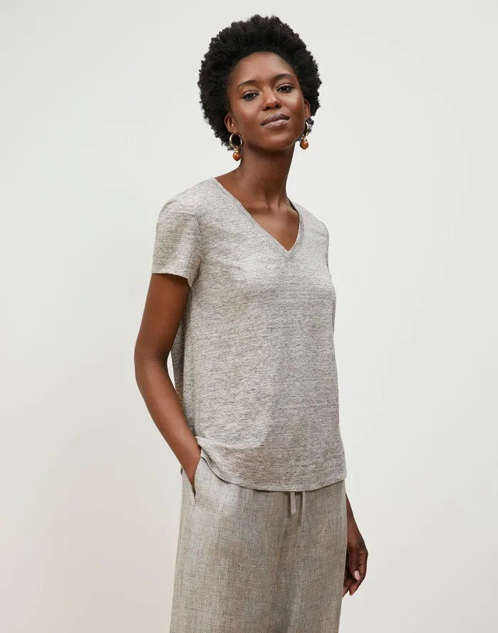 Women Lafayette 148 New York Tops and Tees Petite Modern VNeck Tee In Italian Kindlinen Mlange Jersey Driftwood Melange Women Lafayette 148 New York Tops and Tees Petite Modern VNeck Tee In Italian Kindlinen Mlange Jersey Driftwood Melange