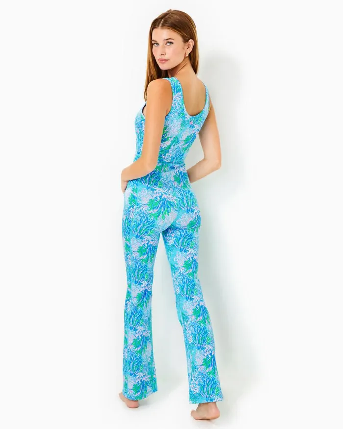 Women Lilly Pulitzer Activewear UPF 50 Luxletic Carpe Vita Flare Jumpsuit Las Olas Aqua Strong Current Sea