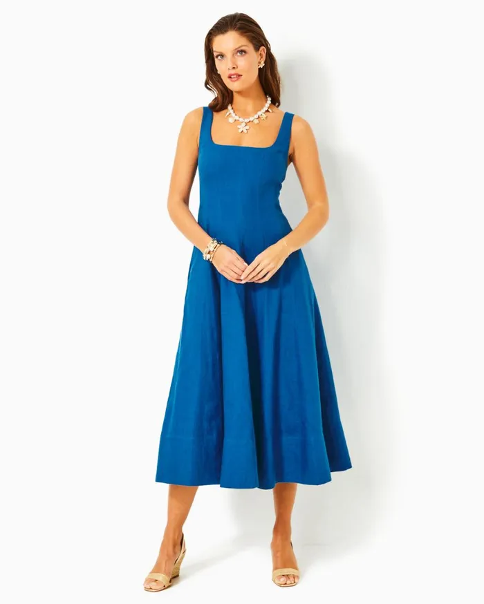 Women Lilly Pulitzer Dresses Calina Linen Midi Dress Barton Blue