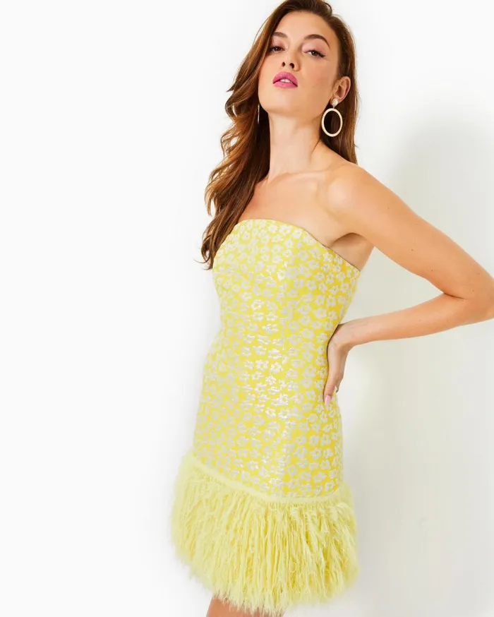 Women Lilly Pulitzer Dresses Charmain Strapless Mini Dress Finch Yellow Bitsy Blossom Brocade