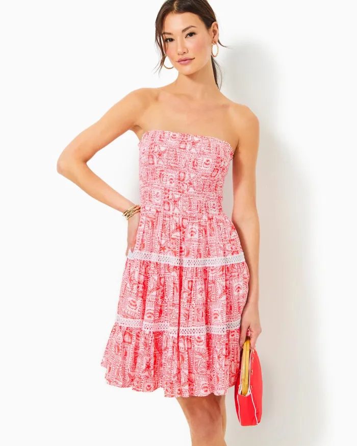 Women Lilly Pulitzer Dresses Kelvina Strapless Smocked Dress Mizner Red Seaside Harbour Women Lilly Pulitzer Dresses Kelvina Strapless Smocked Dress Mizner Red Seaside Harbour