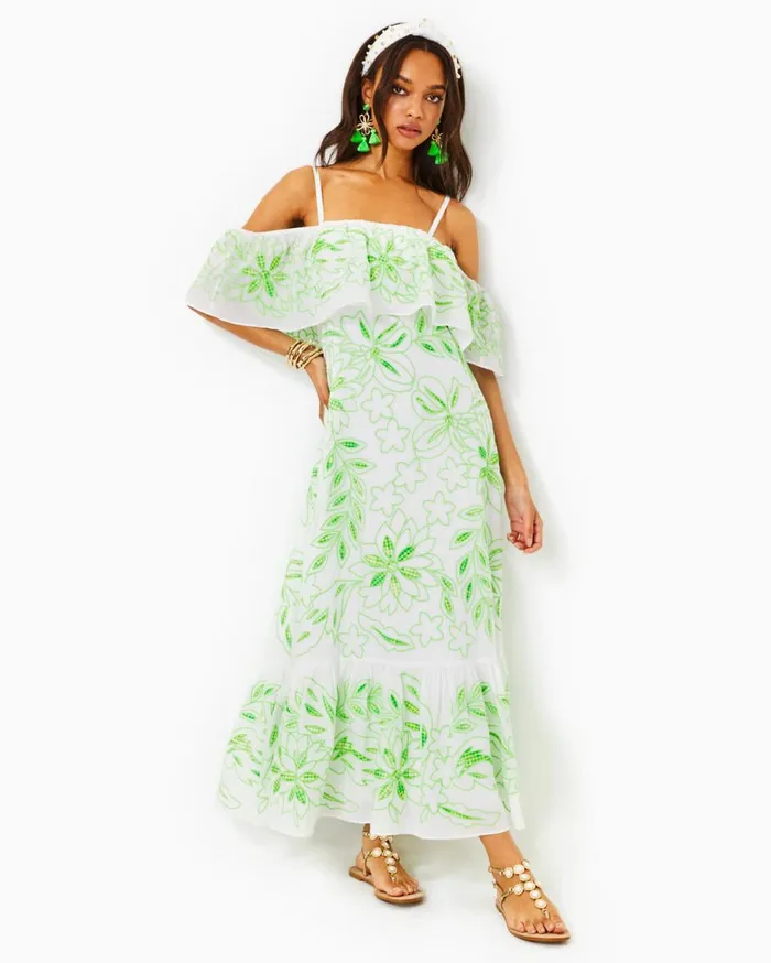 Women Lilly Pulitzer Dresses Quinlee Embroidered Maxi Dress Orb Green Embroidered Viscose Organza