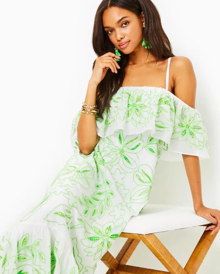 Women Lilly Pulitzer Dresses Quinlee Embroidered Maxi Dress Orb Green Embroidered Viscose Organza