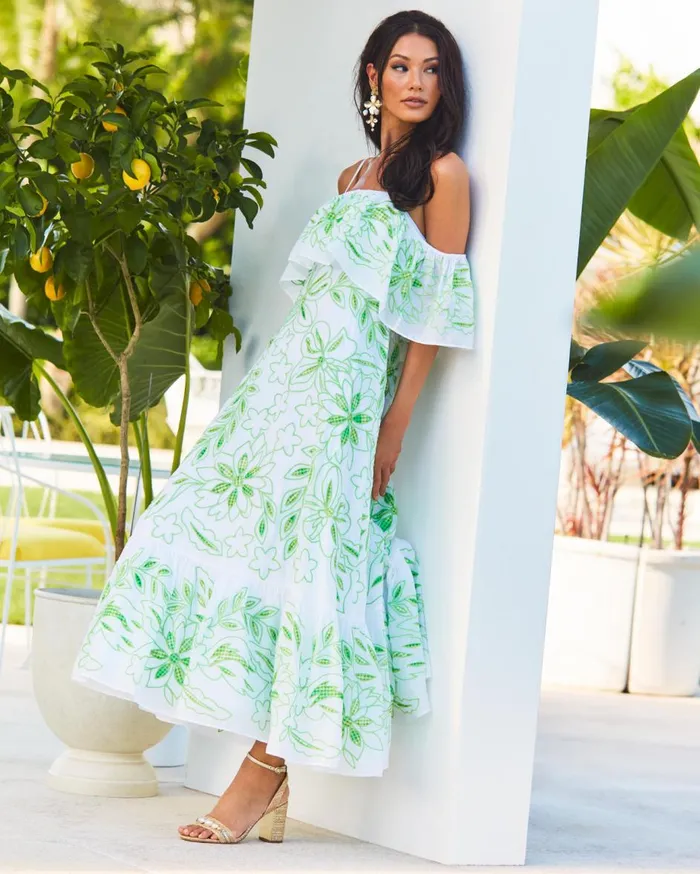 Women Lilly Pulitzer Dresses Quinlee Embroidered Maxi Dress Orb Green Embroidered Viscose Organza