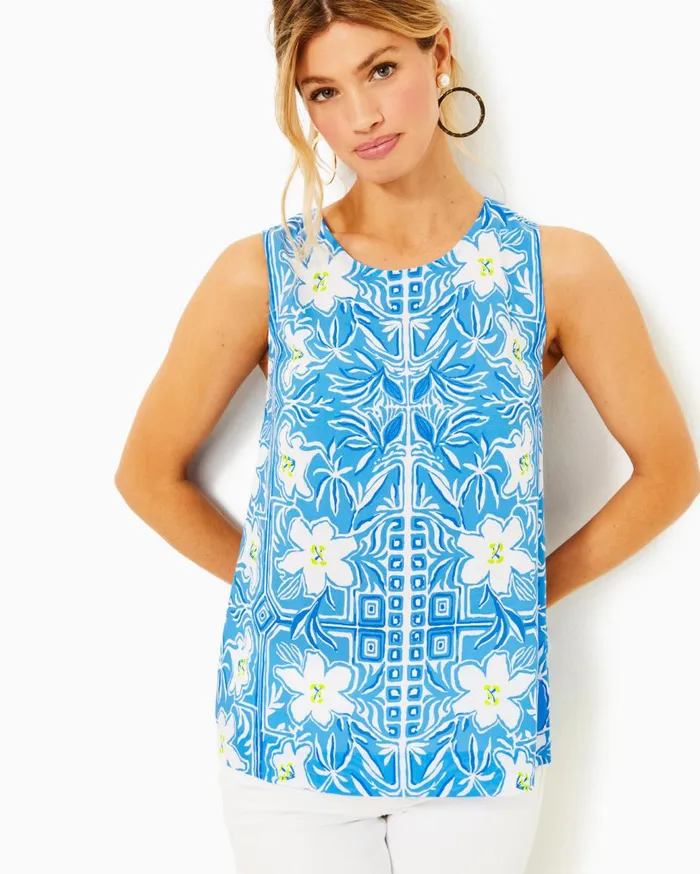 Women Lilly Pulitzer Tops Iona Sleeveless Top Lunar Blue My Flutter Half Engineered Woven Top Women Lilly Pulitzer Tops Iona Sleeveless Top Lunar Blue My Flutter Half Engineered Woven Top