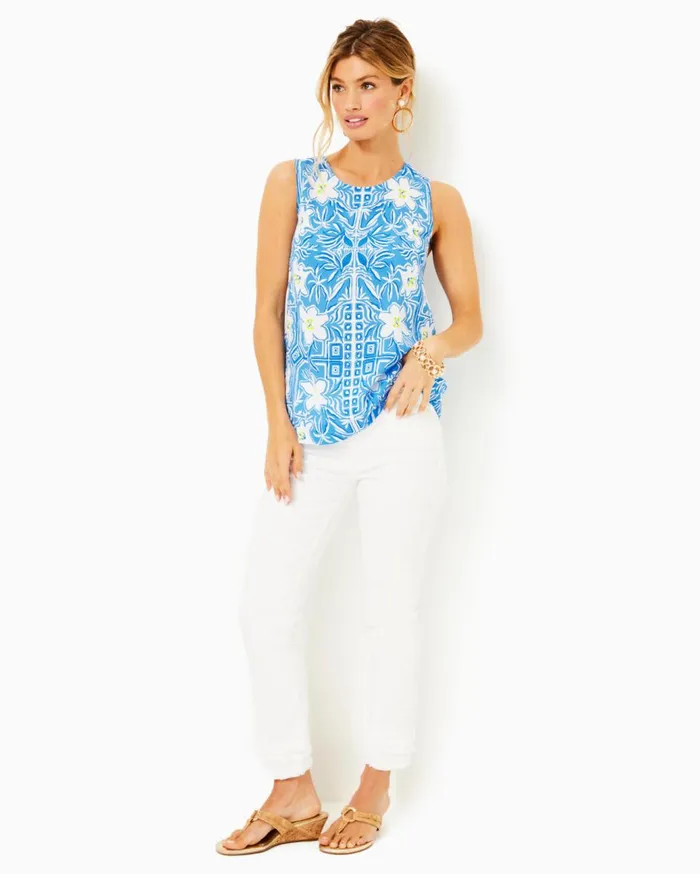 Women Lilly Pulitzer Tops Iona Sleeveless Top Lunar Blue My Flutter Half Engineered Woven Top Women Lilly Pulitzer Tops Iona Sleeveless Top Lunar Blue My Flutter Half Engineered Woven Top