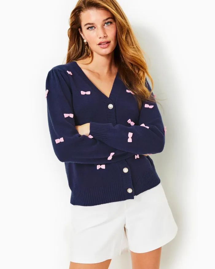 Women Lilly Pulitzer Tops Keane Cardigan Low Tide Navy Tossed Bows