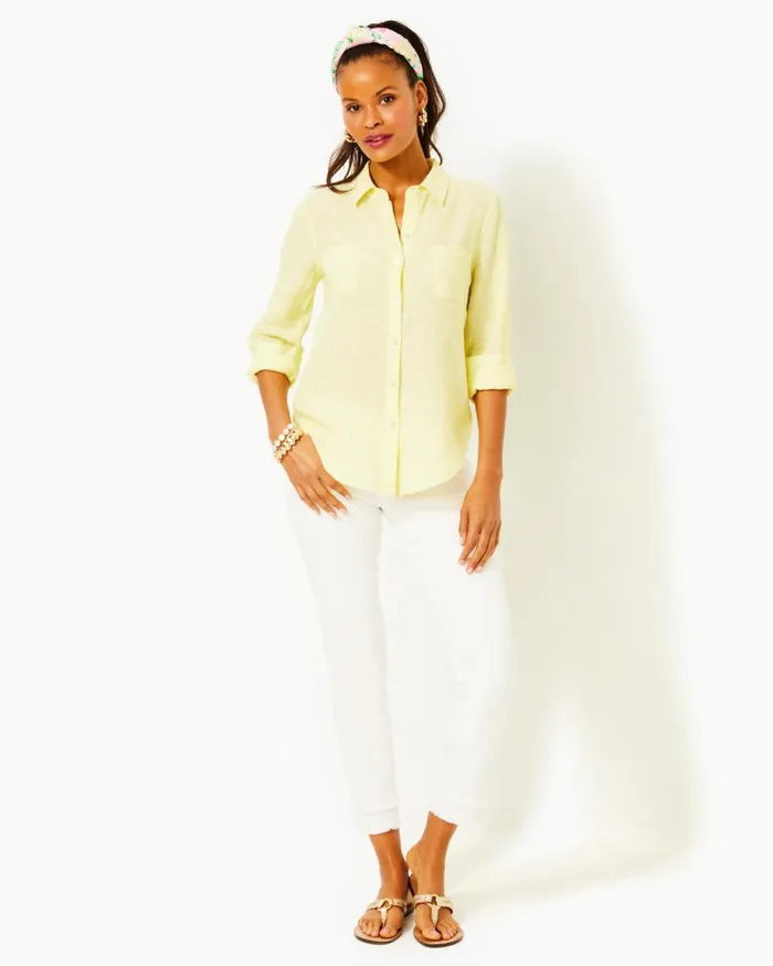 Women Lilly Pulitzer Tops Sea View Linen Button Down Top Finch Yellow You Drive Me Daisy Embroidered Linen Women Lilly Pulitzer Tops Sea View Linen Button Down Top Finch Yellow You Drive Me Daisy Embroidered Linen